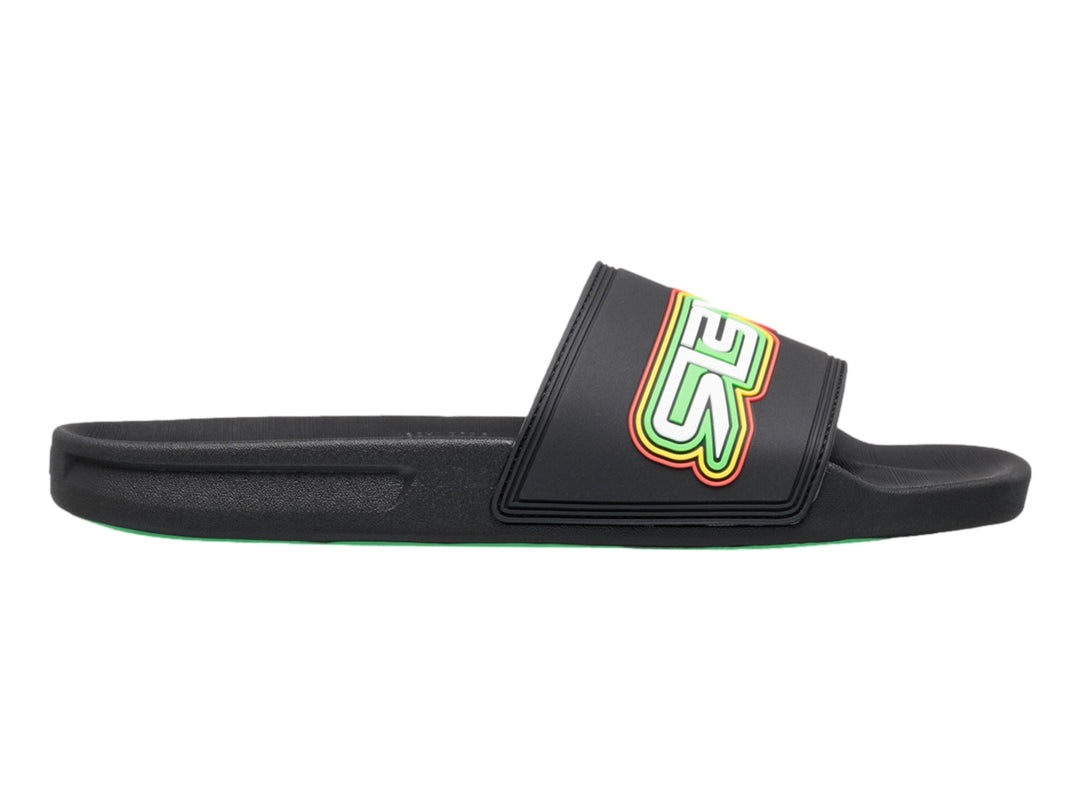 Sandalia slide negra de Quiksilver con logotipo multicolor en la banda superior.