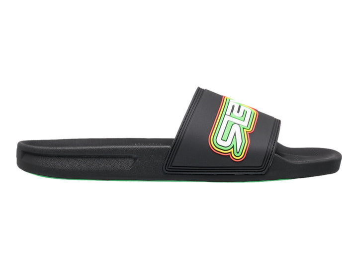 Sandalia slide negra de Quiksilver con logotipo multicolor en la banda superior.