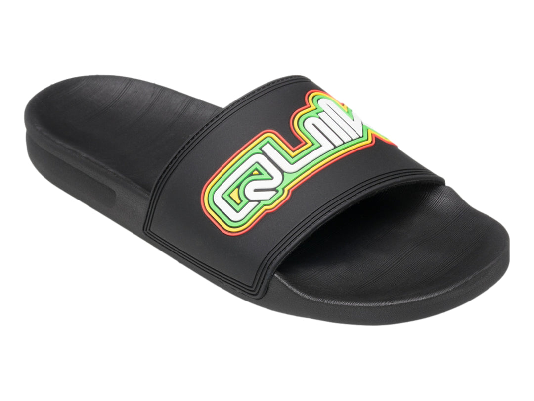 Sandalia slide negra de Quiksilver con logotipo multicolor en la banda superior.