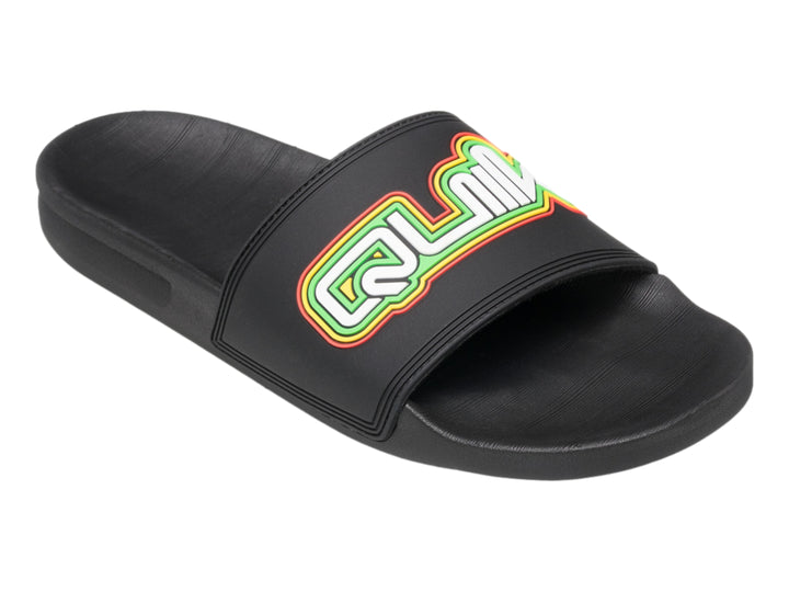 Sandalia slide negra de Quiksilver con logotipo multicolor en la banda superior.