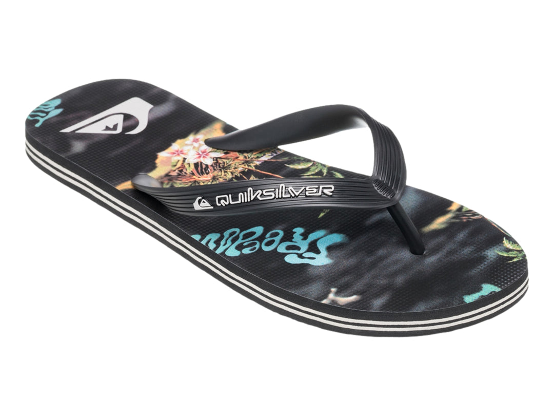 Sandalia Quiksilver negra con suela blanca y plantilla con diseño estampado.