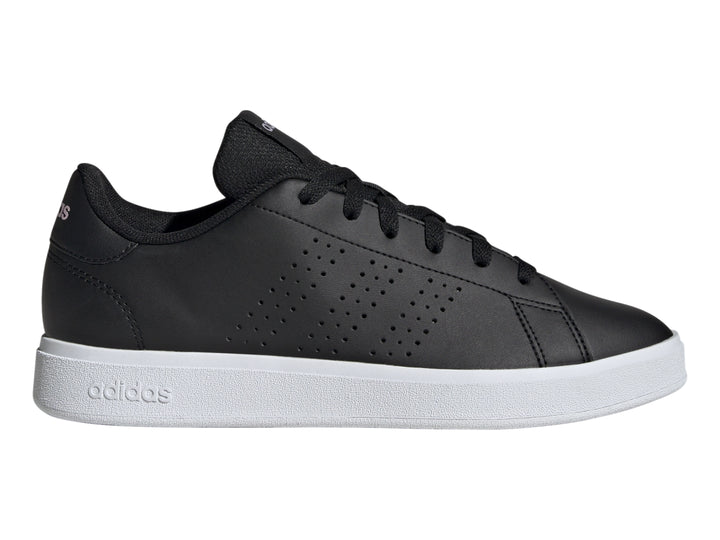 Tenis Adidas Advantage Base 2.0 color negro con suela blanca y detalles en rosa en el talón.