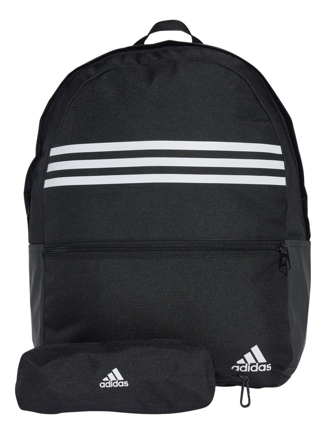 Mochila escolar Adidas color negro con tres franjas blancas horizontales y estuche a juego.
