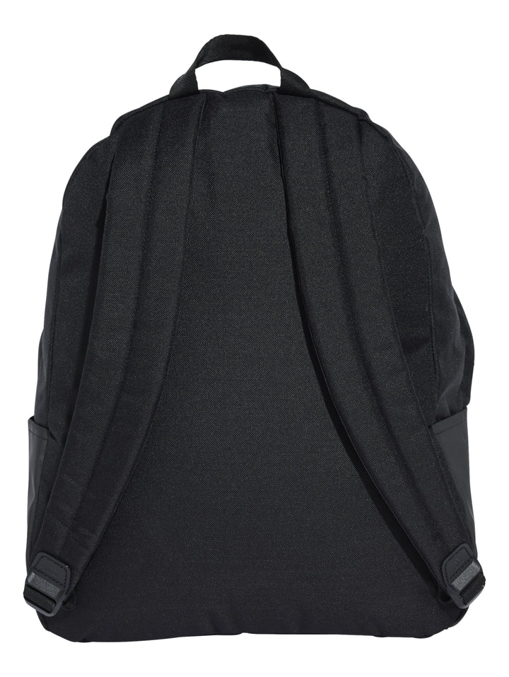 Mochila escolar Adidas color negro con tres franjas blancas horizontales y estuche a juego.