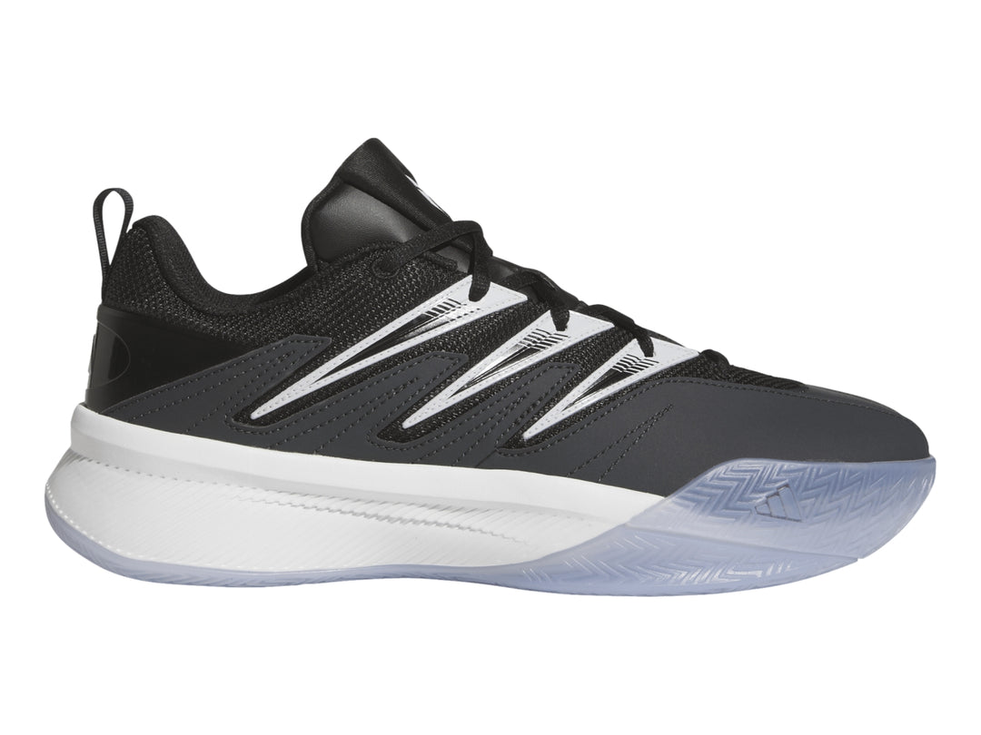 Tenis de baloncesto Adidas Dame Certified 3 en color negro con suela blanca y detalles en blanco.