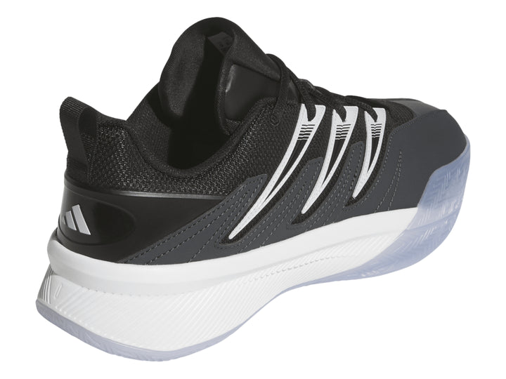 Tenis de baloncesto Adidas Dame Certified 3 en color negro con suela blanca y detalles en blanco.