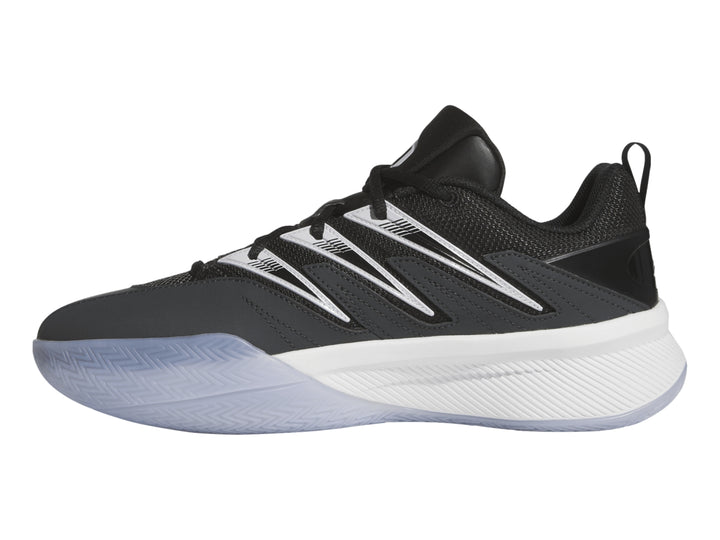 Tenis de baloncesto Adidas Dame Certified 3 en color negro con suela blanca y detalles en blanco.