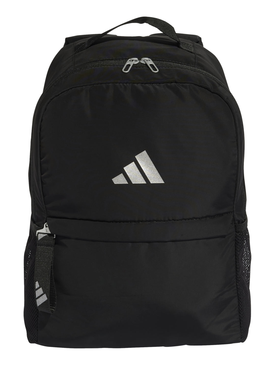 Mochila deportiva Adidas de color negro con logotipo plateado central y bolsillos laterales de malla.