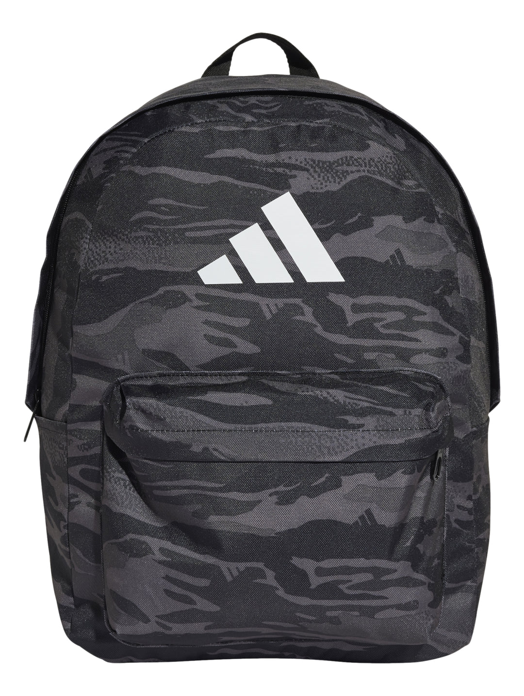 Mochila escolar Adidas con estampado de camuflaje en tonos grises y logotipo blanco al frente.