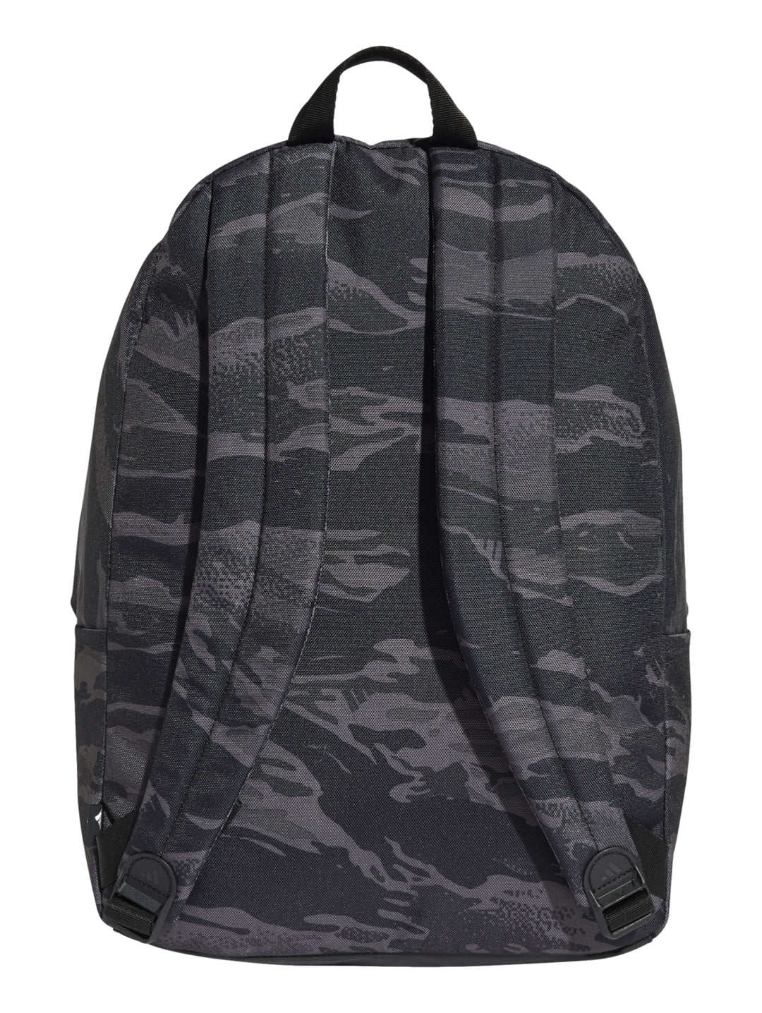Mochila escolar Adidas con estampado de camuflaje en tonos grises y logotipo blanco al frente.