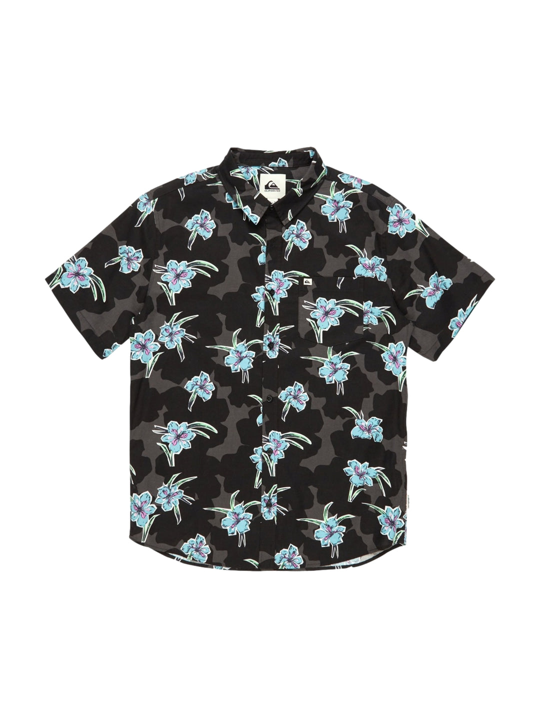 Camisa negra de manga corta con estampado floral en tonos azules y verdes para hombre.