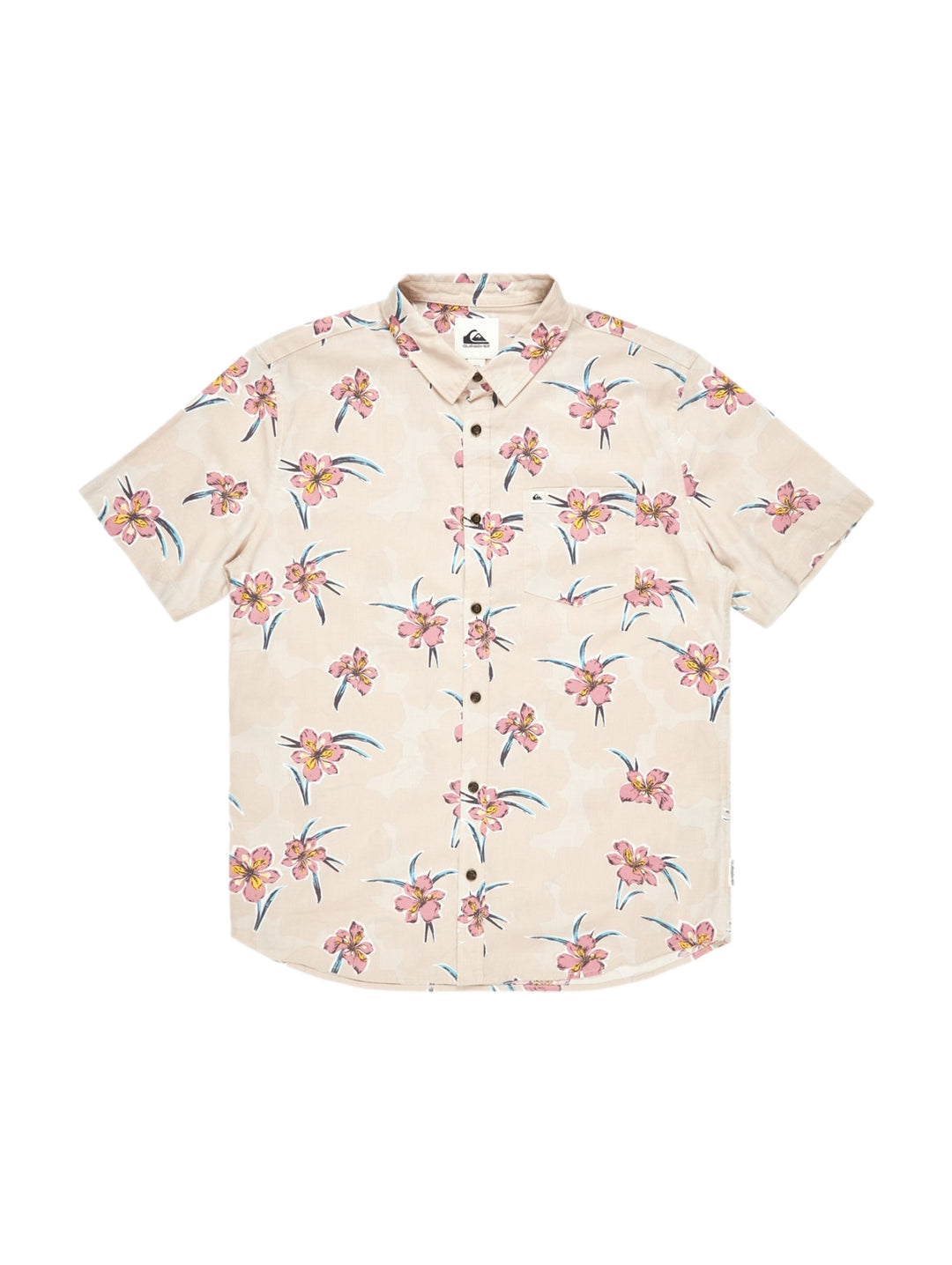 Camisa de manga corta color beige con estampado de flores en tonos rosa y azul.