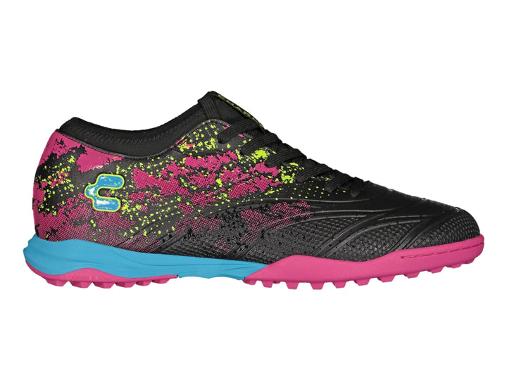 Zapato de fútbol Charly color negro con detalles en fucsia y azul.