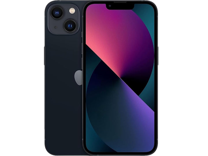 iPhone 13 color negro, vista frontal con pantalla encendida y vista posterior.