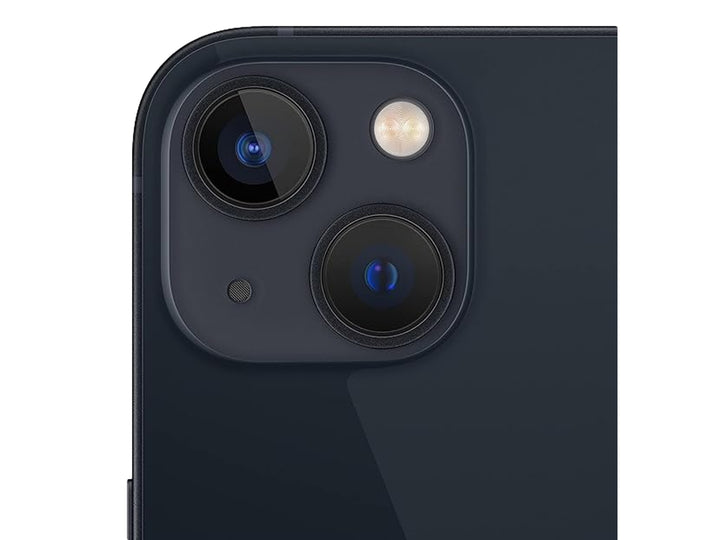 iPhone 13 color negro, vista frontal con pantalla encendida y vista posterior.