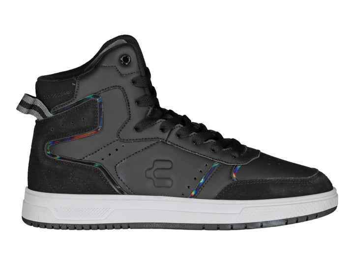 Tenis Charly de bota alta en color negro con suela blanca y detalles iridiscentes laterales.
