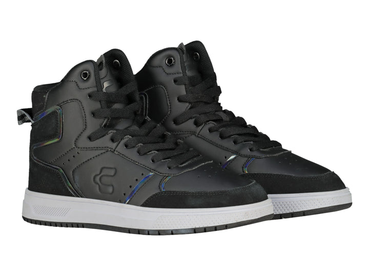 Tenis Charly de bota alta en color negro con suela blanca y detalles iridiscentes laterales.