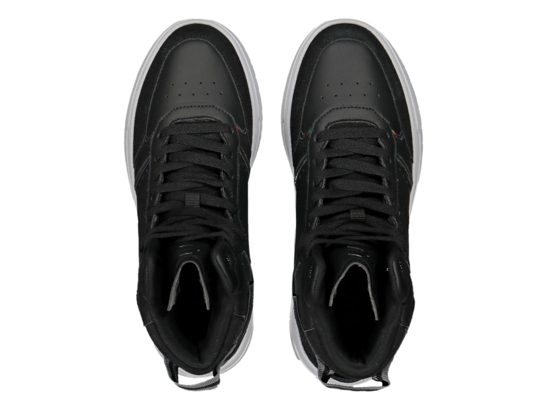 Tenis Charly de bota alta en color negro con suela blanca y detalles iridiscentes laterales.