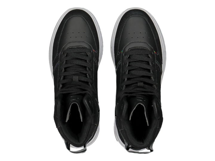 Tenis Charly de bota alta en color negro con suela blanca y detalles iridiscentes laterales.