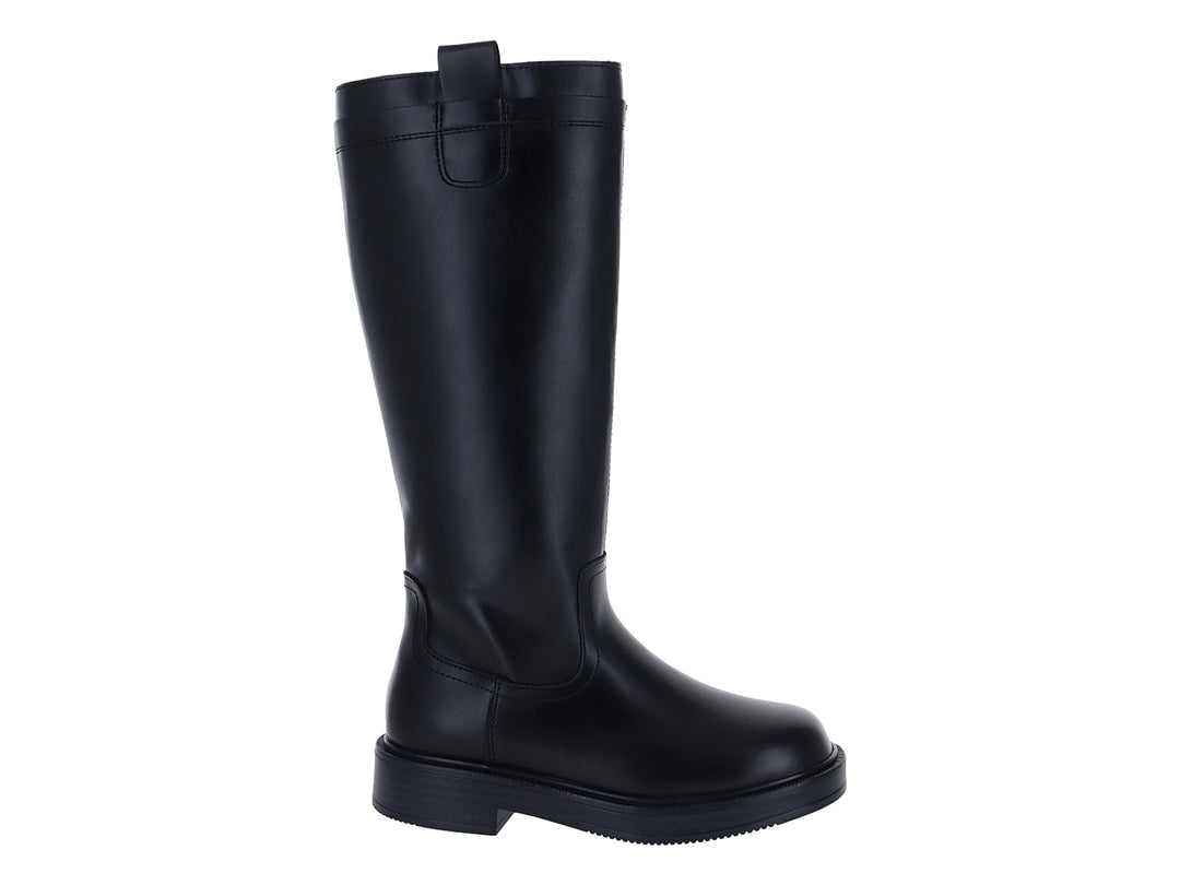 Bota de caña alta color negro con acabado liso y suela gruesa para mujer.