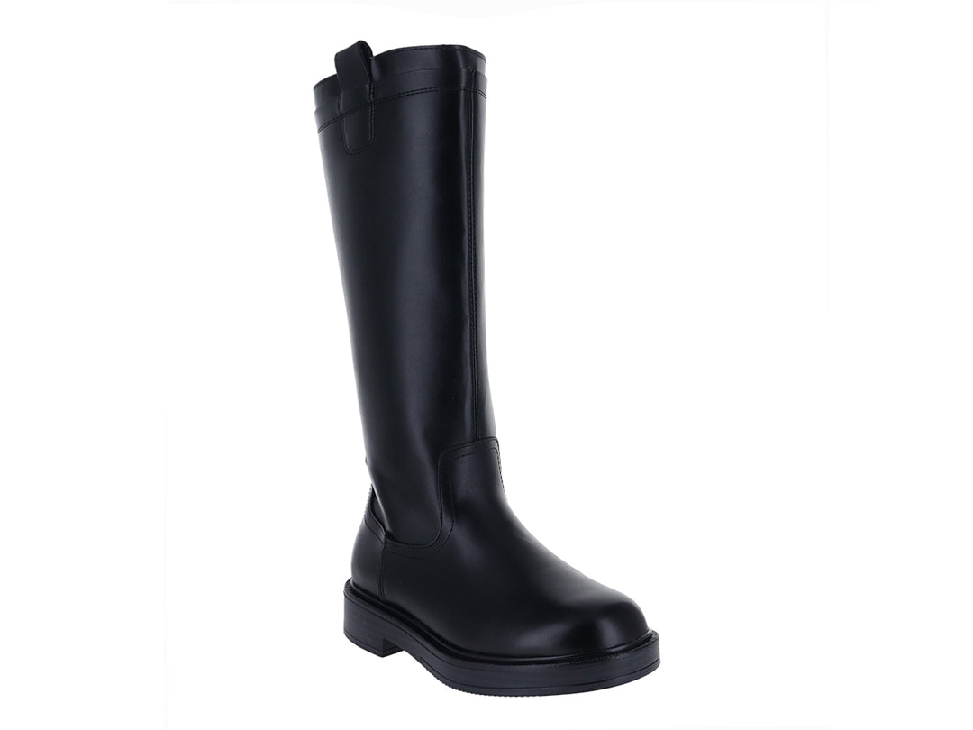 Bota de caña alta color negro con acabado liso y suela gruesa para mujer.