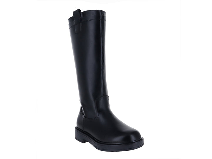 Bota de caña alta color negro con acabado liso y suela gruesa para mujer.