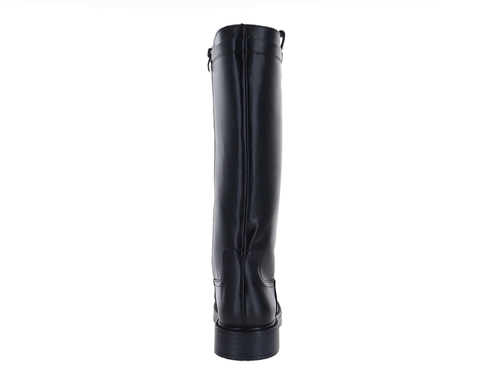 Bota de caña alta color negro con acabado liso y suela gruesa para mujer.