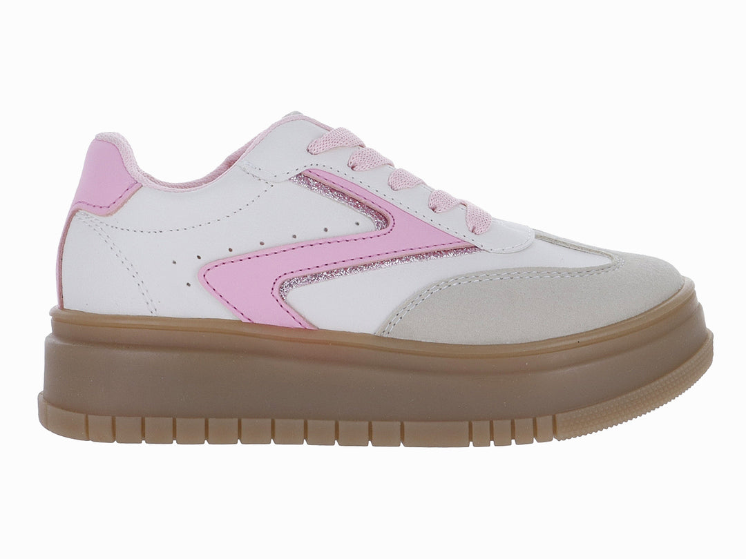 Tenis blancos con detalles en rosa y suela ancha de color café latte.