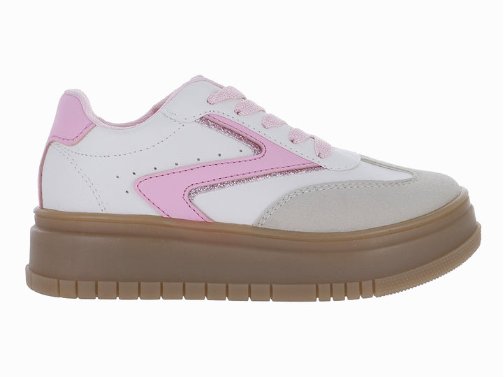 Tenis blancos con detalles en rosa y suela ancha de color café latte.