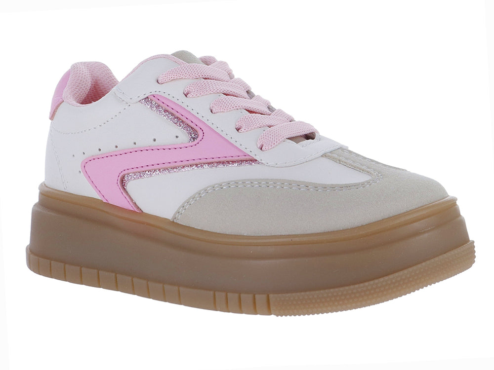 Tenis blancos con detalles en rosa y suela ancha de color café latte.