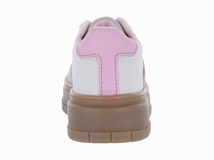 Tenis blancos con detalles en rosa y suela ancha de color café latte.