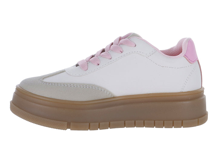 Tenis blancos con detalles en rosa y suela ancha de color café latte.