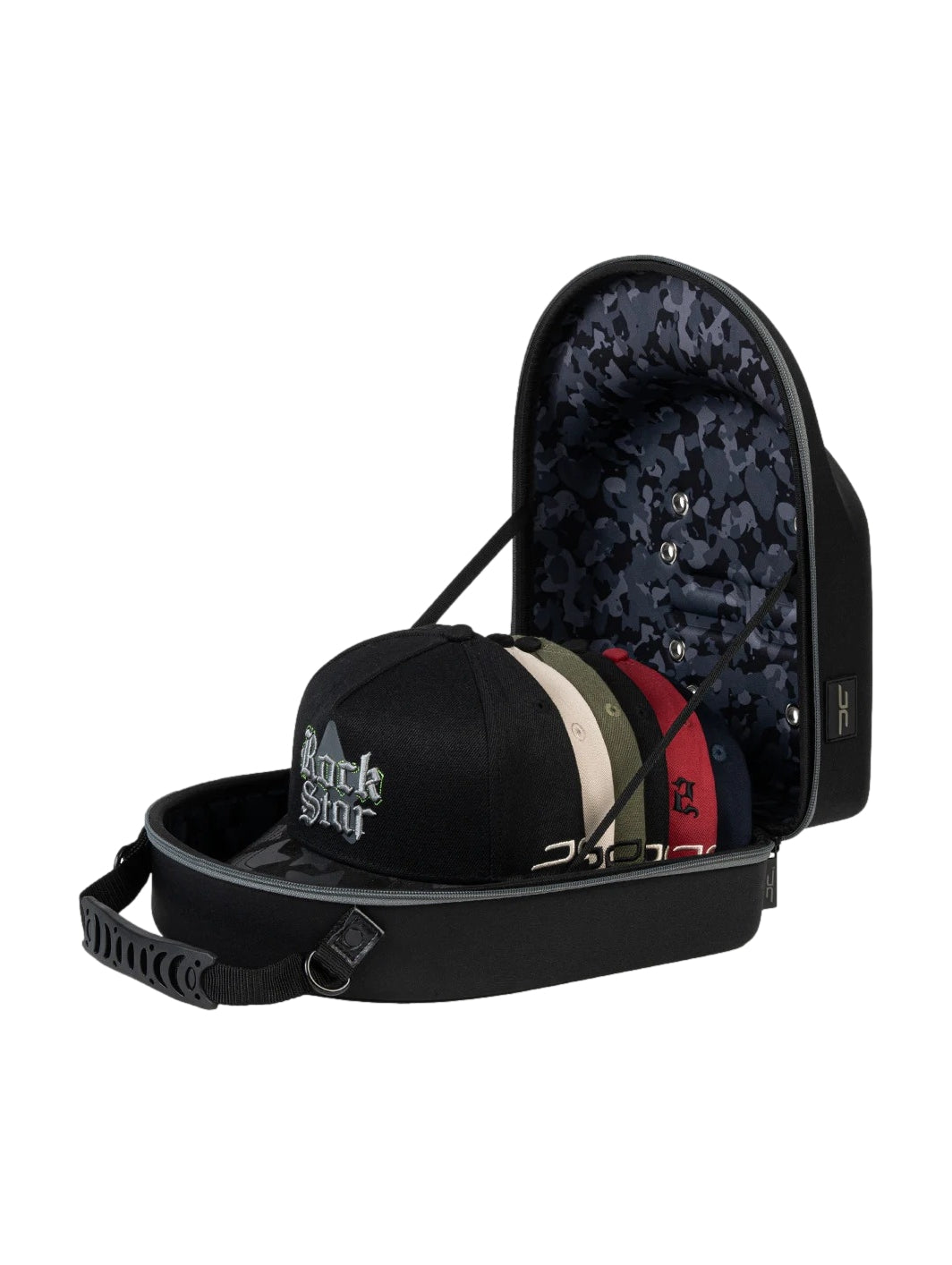 Transportador de gorras JC HATS color negro con asa y correa desmontable.