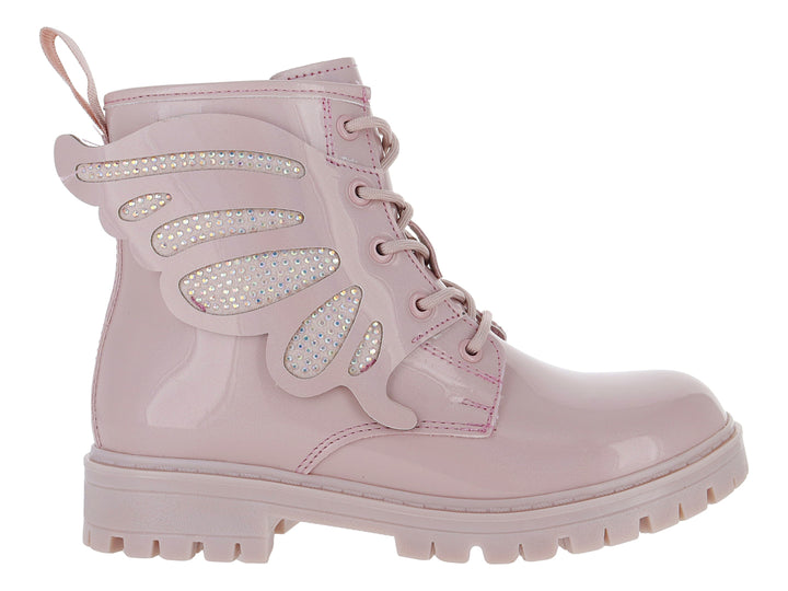 Bota infantil rosa brillante con adornos de alas laterales y suela gruesa.