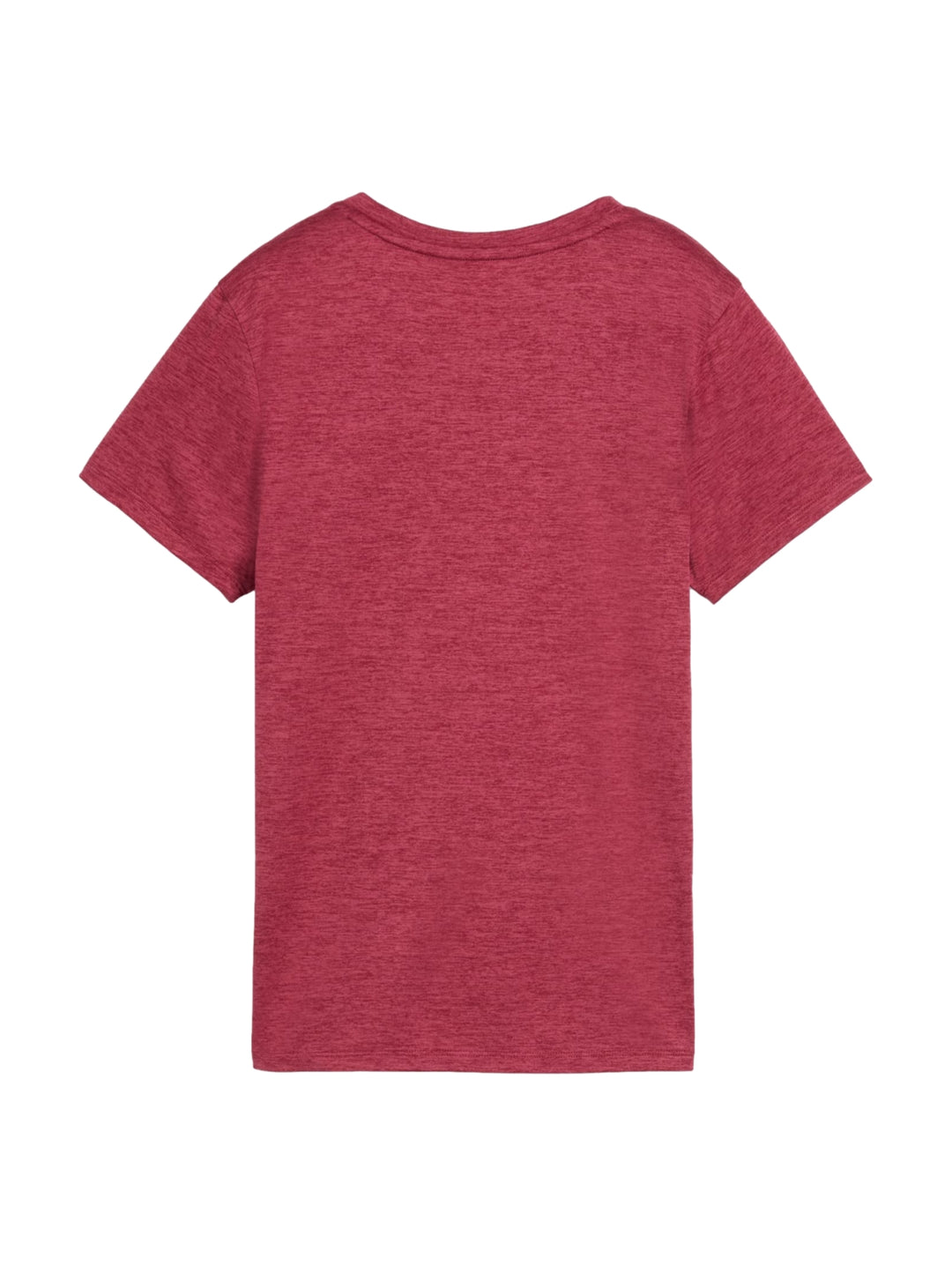Mujer vistiendo playera deportiva PUMA color guinda jaspeado con logo en el pecho.