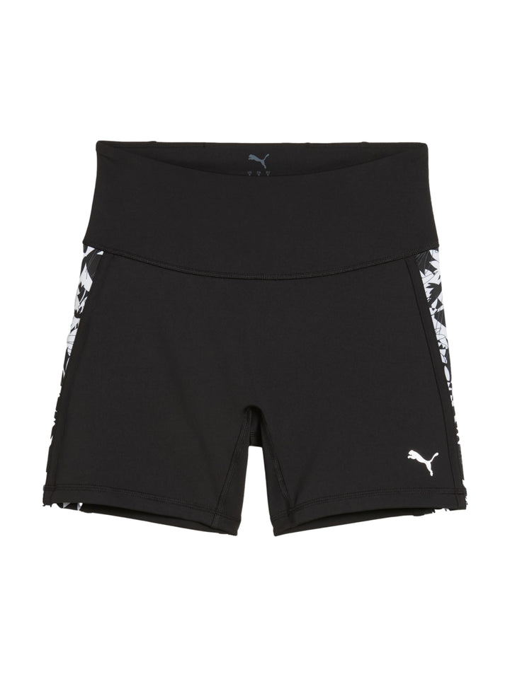 Shorts deportivos ajustados color negro con estampado blanco lateral y cintura alta de la marca Puma.