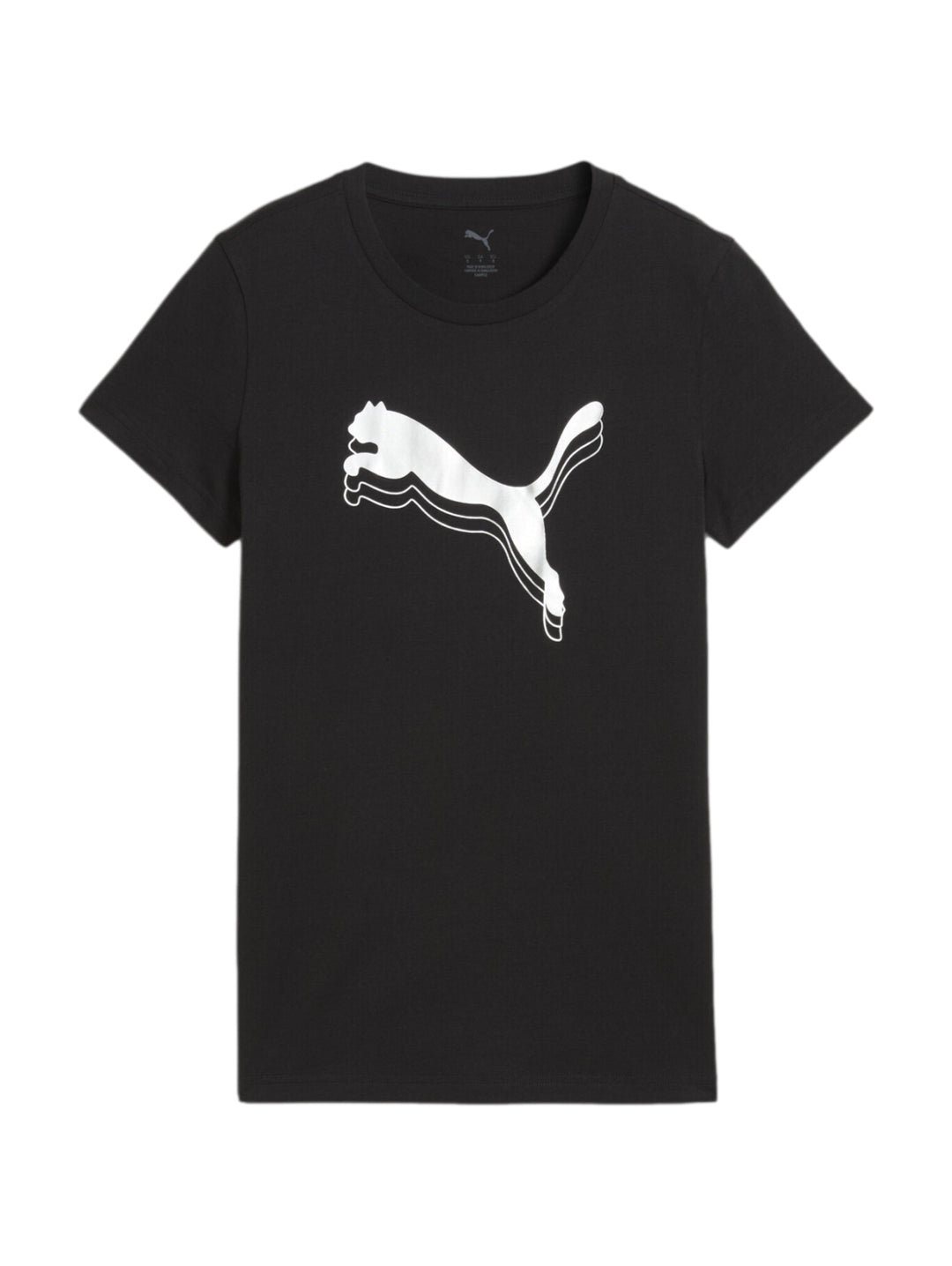 Camiseta deportiva negra de manga corta con logo de PUMA en color plata metálico.