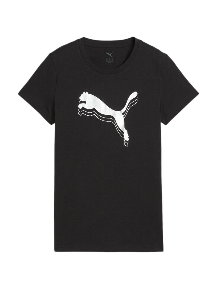 Camiseta deportiva negra de manga corta con logo de PUMA en color plata metálico.