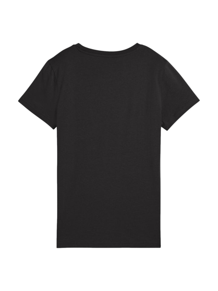 Camiseta deportiva negra de manga corta con logo de PUMA en color plata metálico.