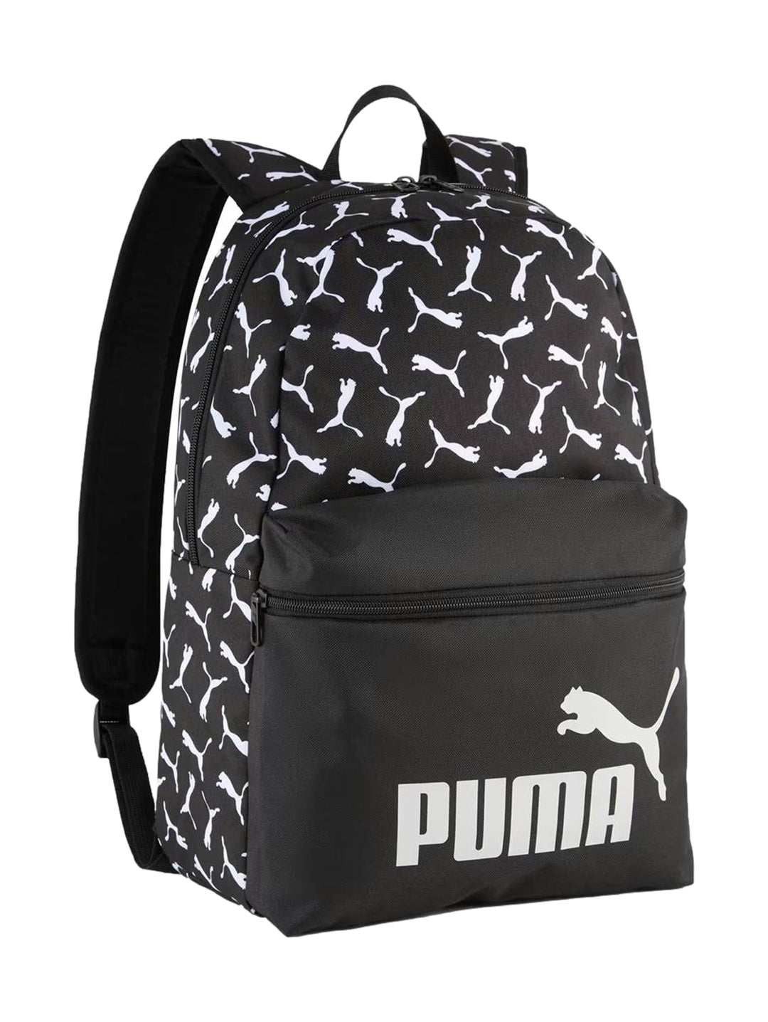 Mochila Puma color negro con estampado de logotipos blancos y bolsillo frontal.
