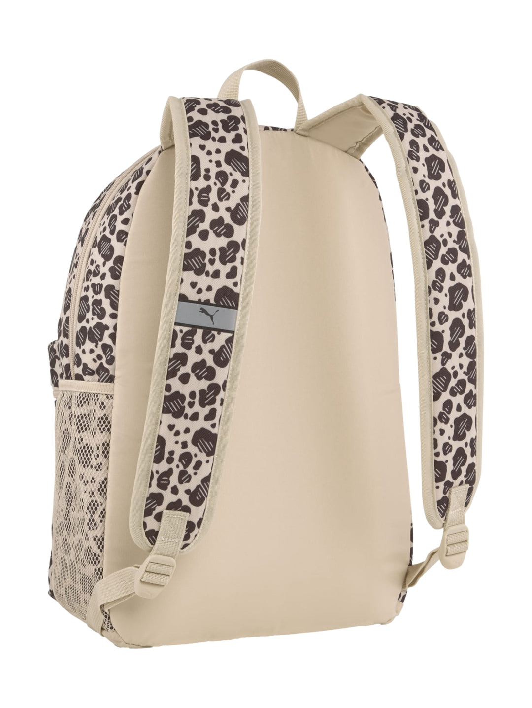 Mochila PUMA con estampado de leopardo en tonos beige y marrón y logotipo blanco frontal.