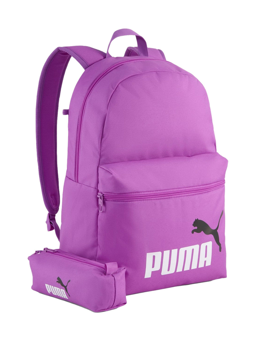 Mochila escolar Puma color púrpura con estuche pequeño a juego.