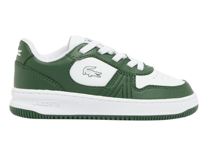 Tenis deportivos Lacoste en color verde oscuro y blanco con logotipo del cocodrilo en el lateral.