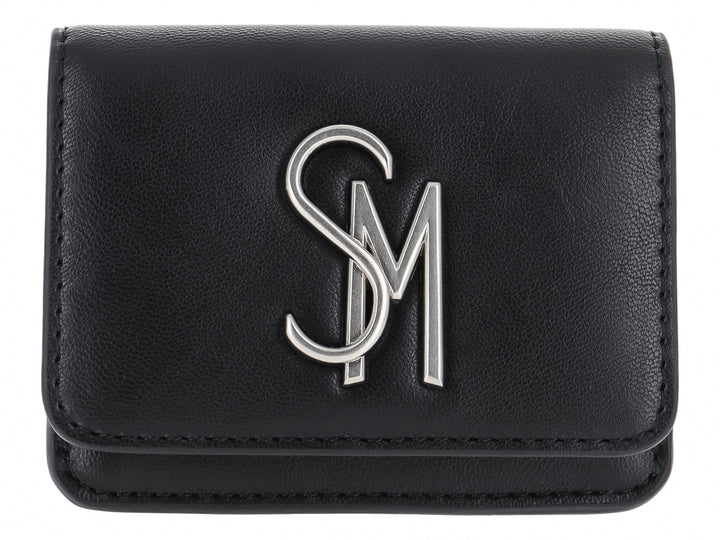 Cartera pequeña de color negro con textura rugosa y logotipo SM en metal plateado al frente.
