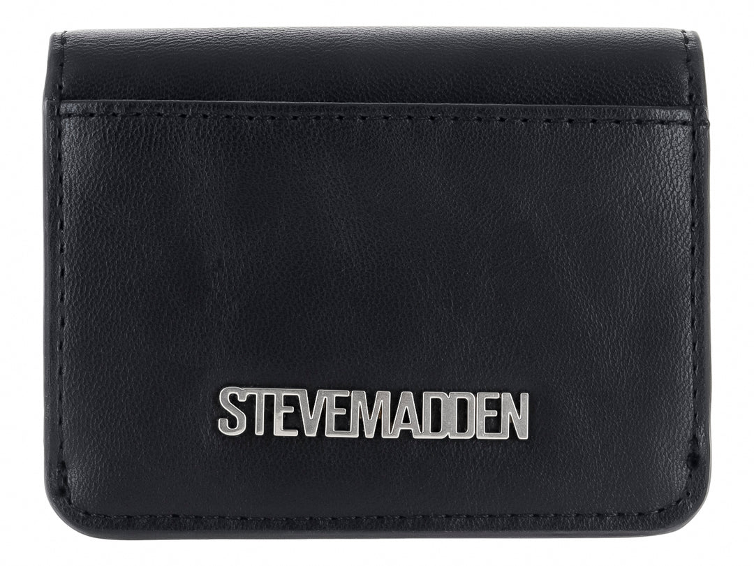 Cartera pequeña de color negro con textura rugosa y logotipo SM en metal plateado al frente.