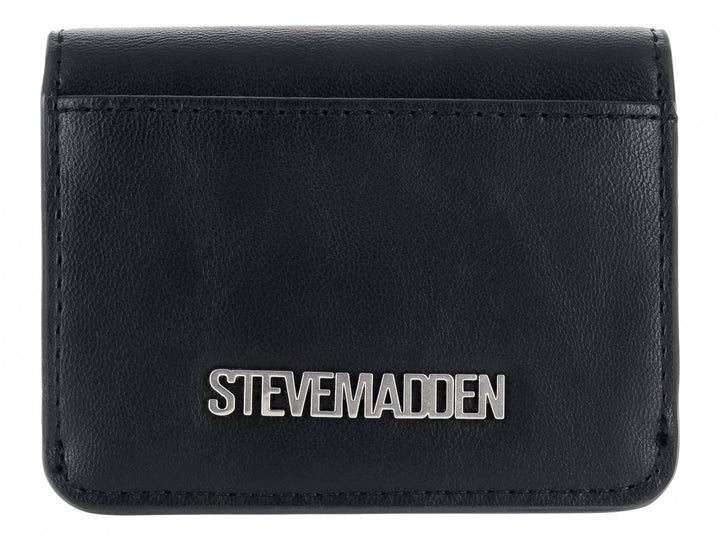 Cartera pequeña de color negro con textura rugosa y logotipo SM en metal plateado al frente.
