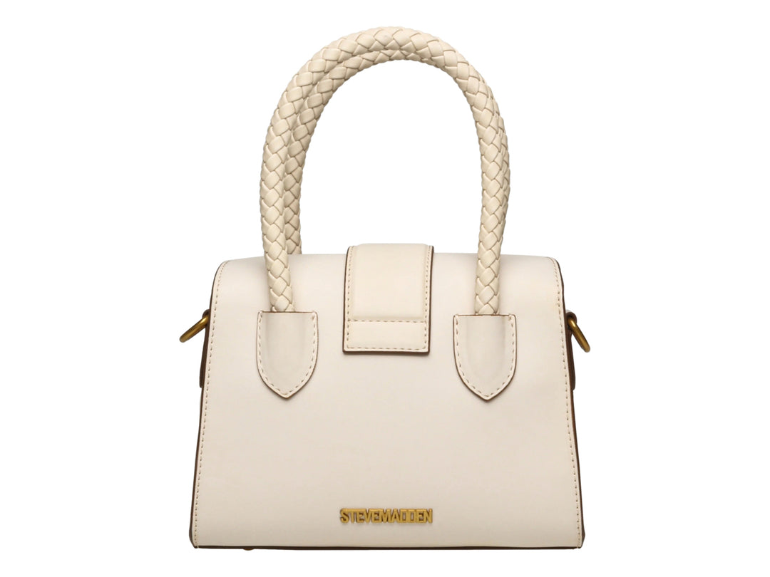 Bolso de mano color hueso con asa trenzada y logotipo SM dorado en el frente.