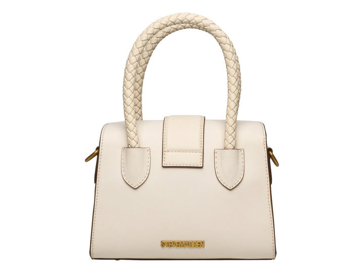Bolso de mano color hueso con asa trenzada y logotipo SM dorado en el frente.