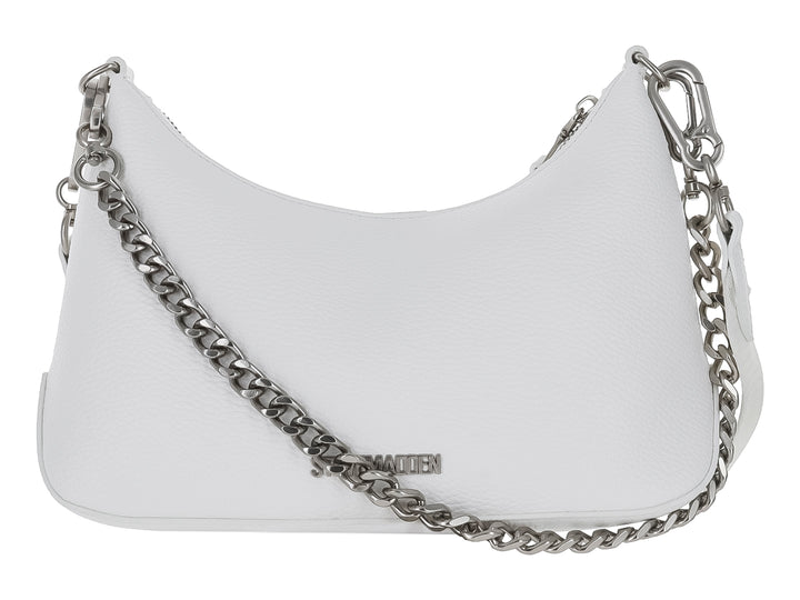 Bolso de hombro blanco Steve Madden con estoperoles plateados, correa ancha y un pequeño bolso adjunto.