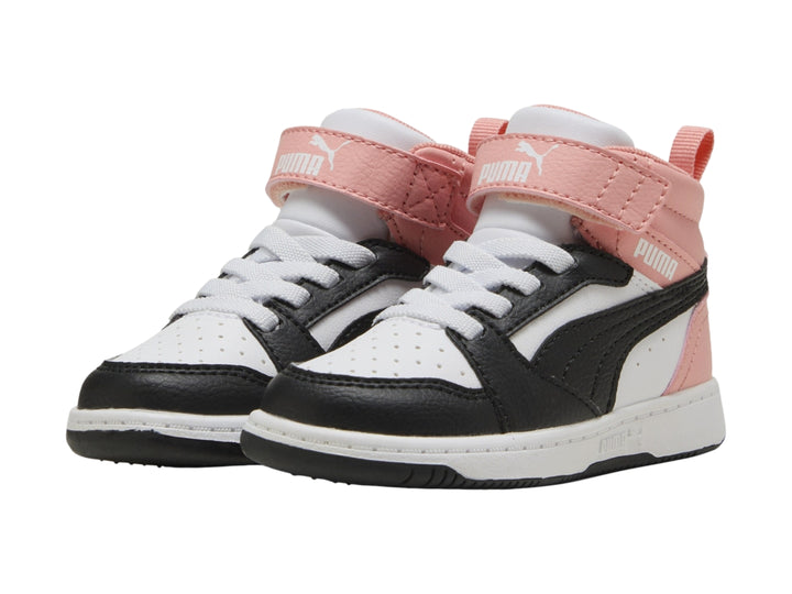 Tenis PUMA Rebound V6 Mid Blanco y Rosa para Niña